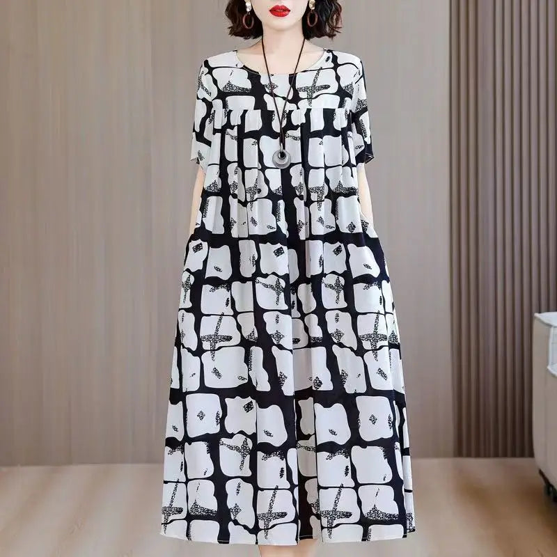 New Casual Fashion 2025 Summer Dress For Women Floral Printing Short Sleeve Elegant Vintage O-Neck Dresses Women Clothing
