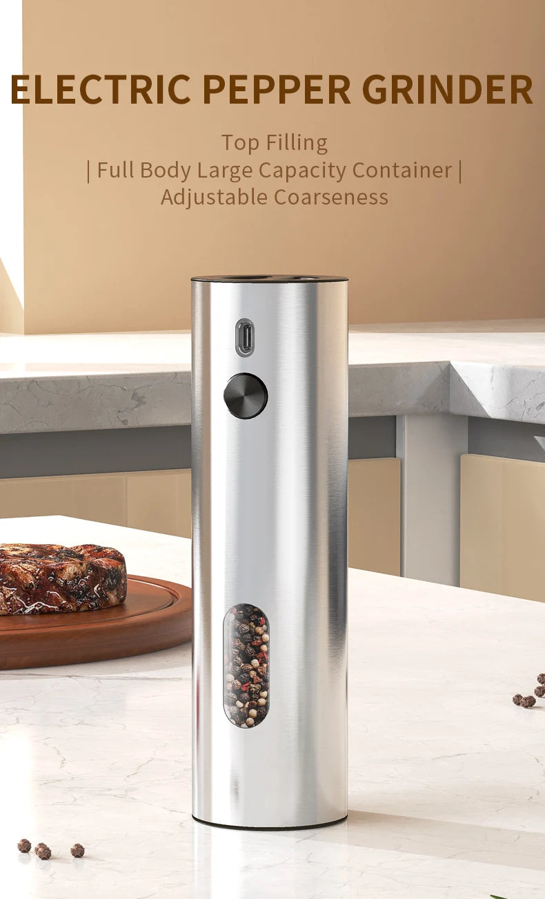 USB Rechargeable Automatic Pepper Grinder Salt And Pepper Mill Adjustable Coarseness Spice Grinder with LED Light for Kitchen