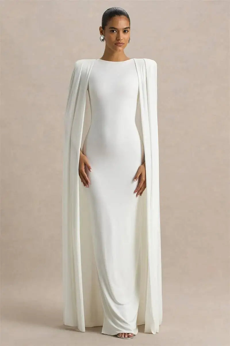 Blifanbo Sexy Cape Sleeve Maxi Dress Women Gown Fashion O Neck High Waist Split Zipper Club Party Long Dresses Female Elegant