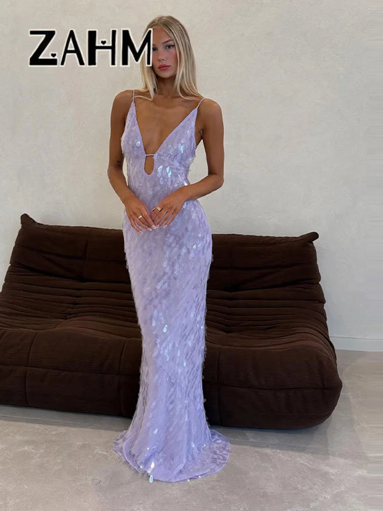 Sexy Sequined Women's Dress Hollow Out Backless V-Neck Slip Top Lady Long Dresses 2026 Spring Summer Female Holiday Robe New