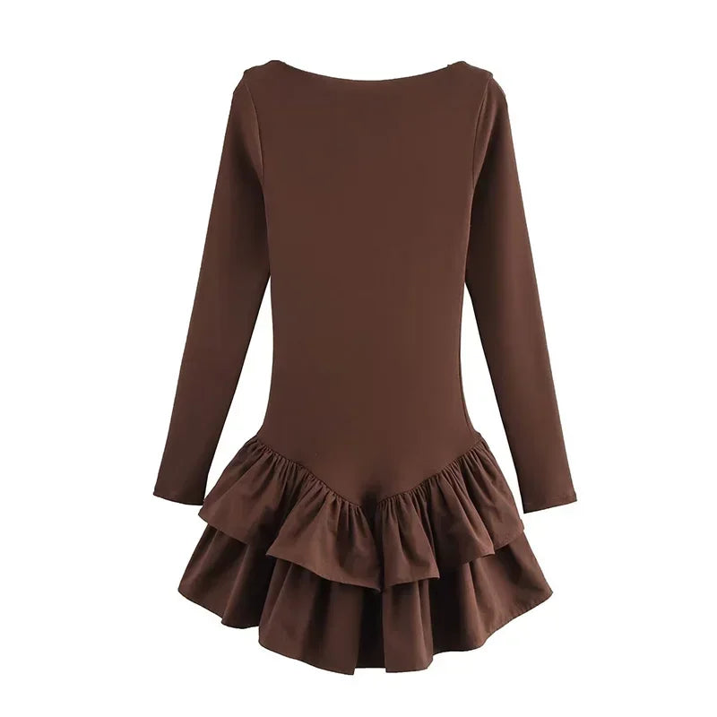 Ruffled Hem Solid Women Dresses Elegant Long Sleeve High Waist O-neck Lady Mini Dress 2025 Spring Chic Street Party Female Robes