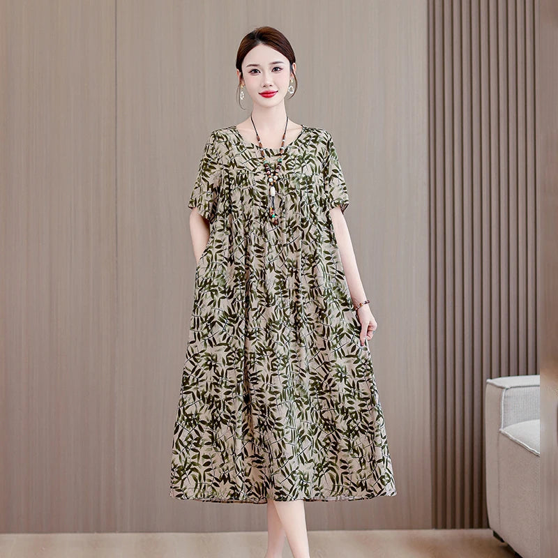 New Casual Fashion 2025 Summer Dress For Women Floral Printing Short Sleeve Elegant Vintage O-Neck Dresses Women Clothing