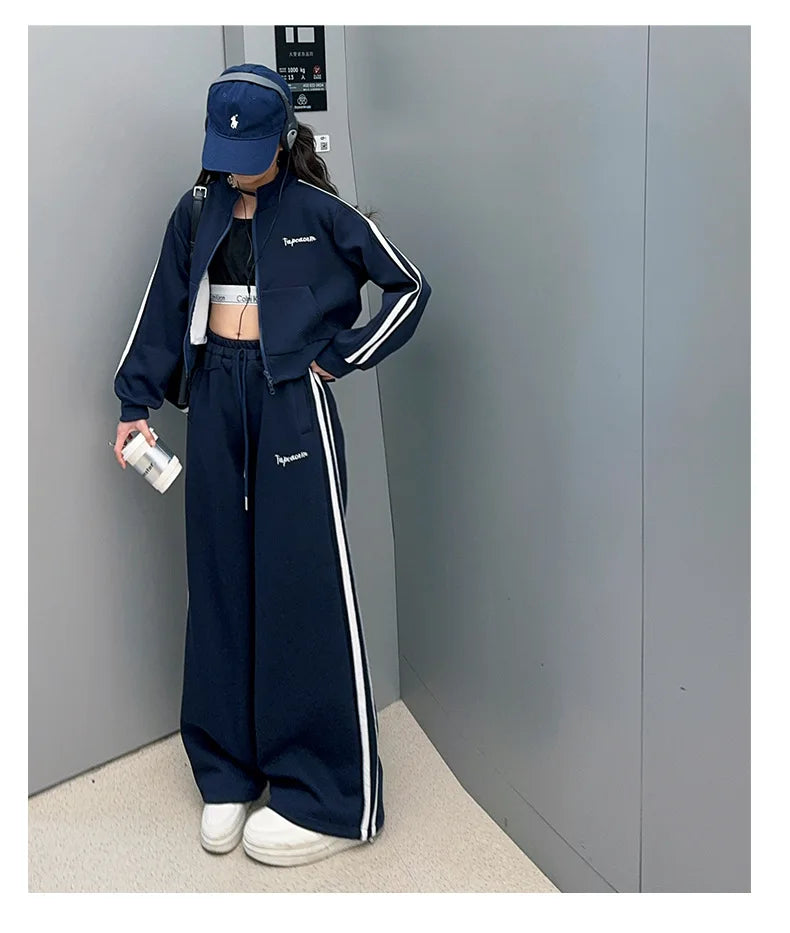 2026 autumn girls Clothes Children Suit Teenager zipped jacket Narrow crop top + wide leg high waist pants 4 5 8 10 11 12 year