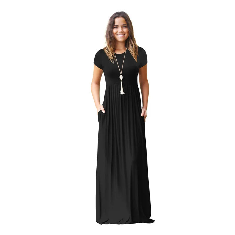Women Summer Dress Casual Solid Color O Neck Loose Short Sleeve Pocket floor-length Long Woman Maxi Dresses Vestidos SLBZ352