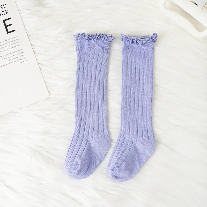 Ruffle Kids Knee High Socks Baby Girls Toddlers Long Soft Cotton Sock Lace Flower Children Princess Uniform Socks For 0-8Years