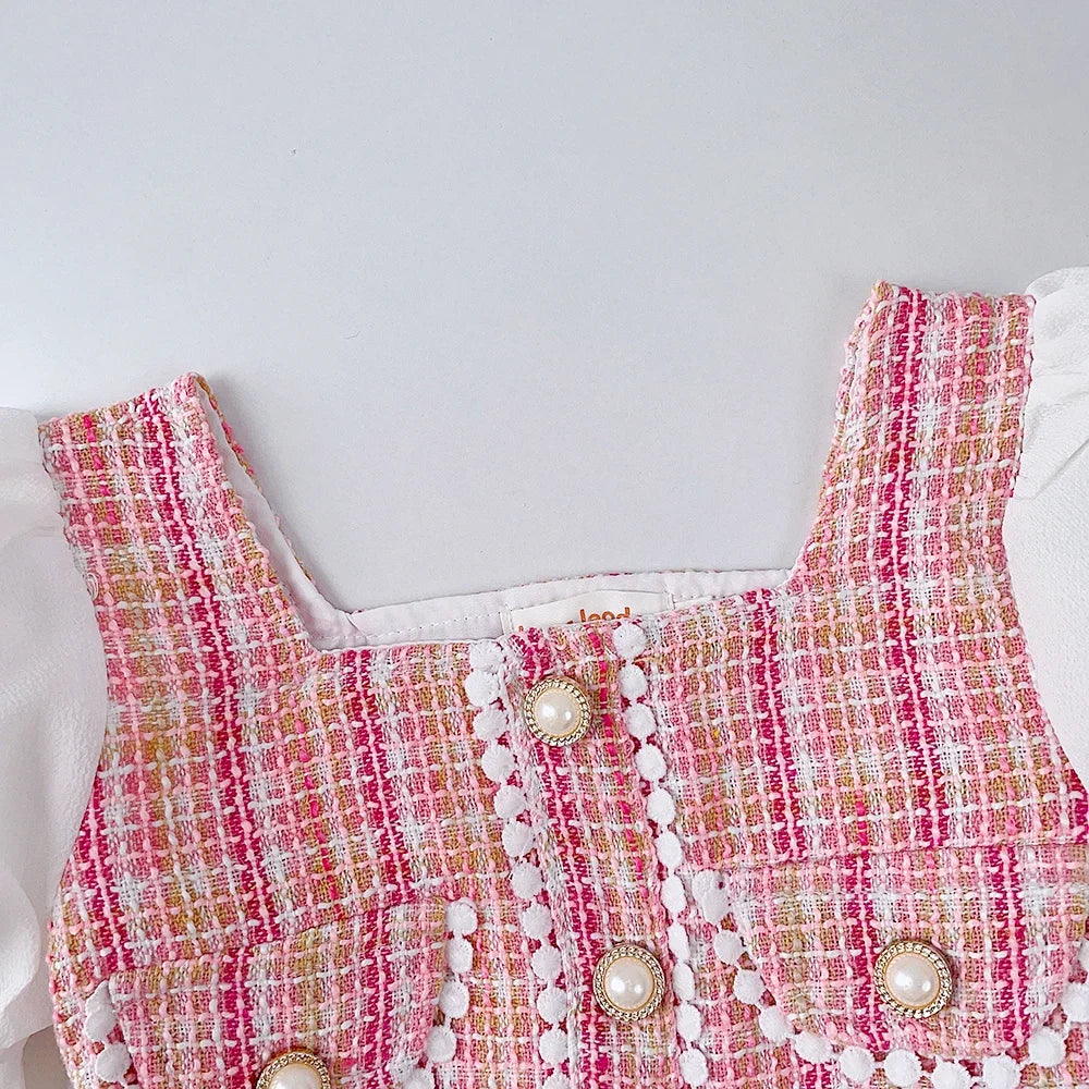 2-7 Years Children Summer Fashion Pearl Button Decoration Puff Sleeve Square Collar Princess Dress1 Pc Girls Party Sweet Clothes