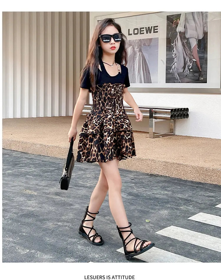 Summer Young Girls Clothes Two Ways To Wear Leopard Print Skirt One-Piece Tube Dress Fashion Children Streetwear Strapless Dress