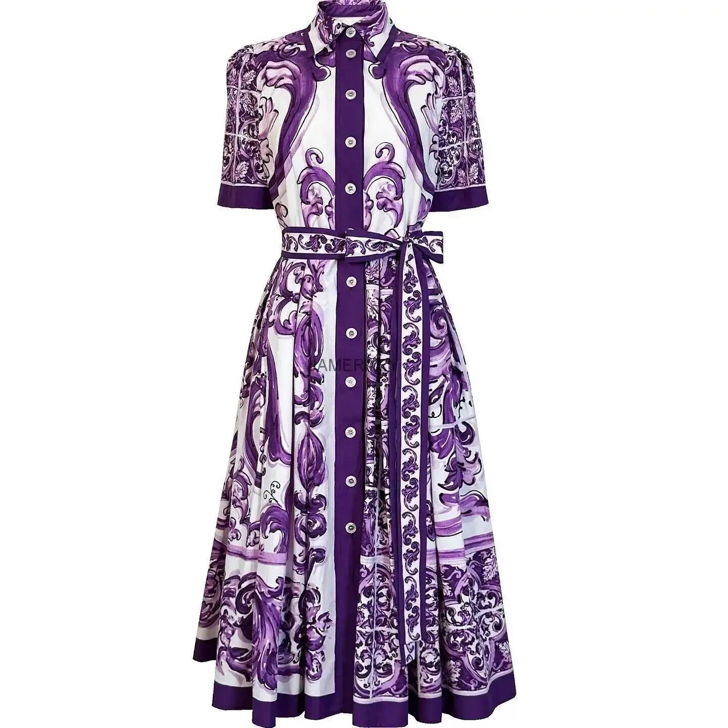 Fashion Summer Floral Long Dress Women Purple Porcelain Print Midi Dresses Shirt Single Breasted Office Lady Work Holiday Runway