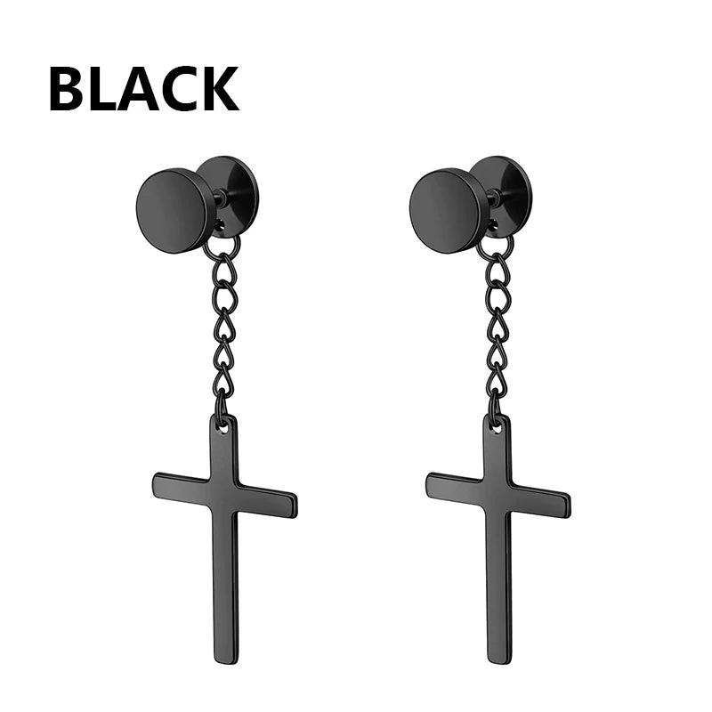 Black Punk Stainless Steel Women Men Hoop Earrings Small Trendy Round Cross Pendants Jewelry Accessories Earrings