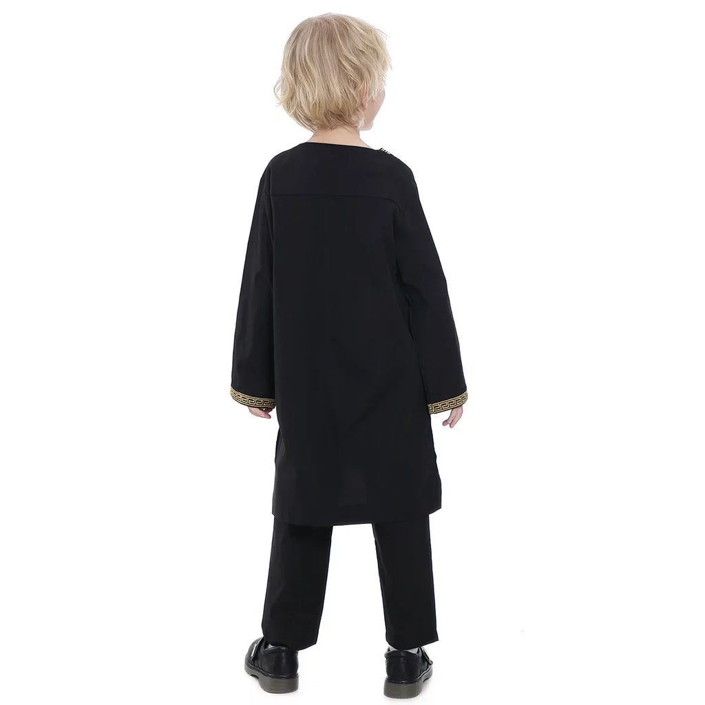 Muslim Children Robe 2 Pieces Set Kids Boy Round Neck Long Sleeve Printed Dress Shirt Abaya Kaftan Jubba Thobe Islamic Clothing