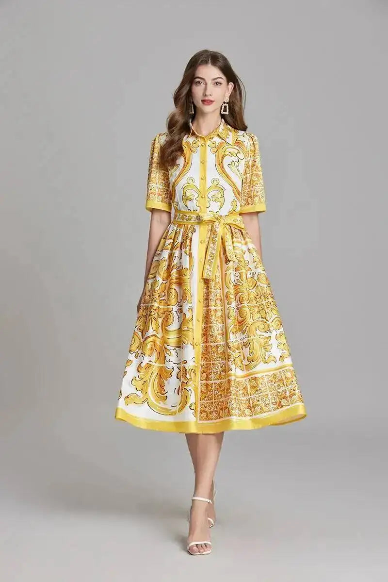 Fashion Summer Floral Long Dress Women Purple Porcelain Print Midi Dresses Shirt Single Breasted Office Lady Work Holiday Runway