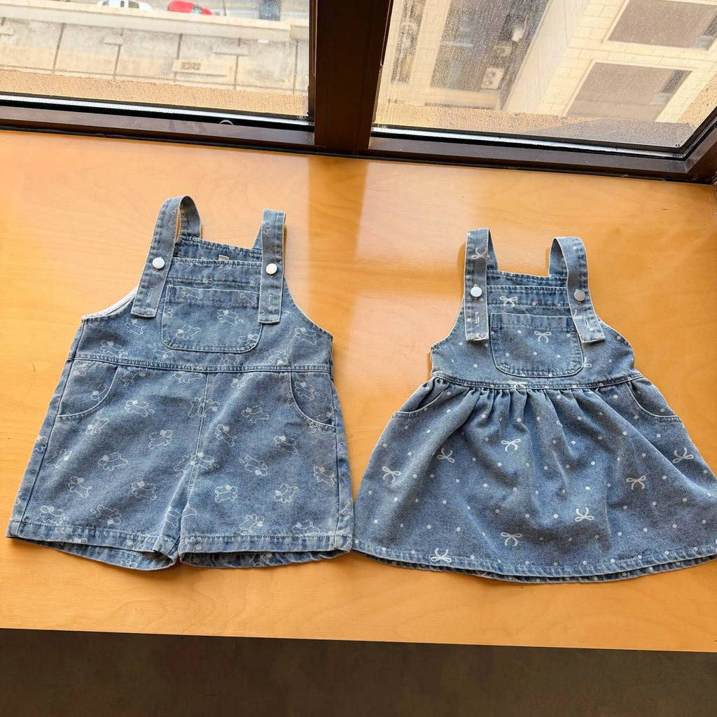 2026 Summer New Children Denim Overalls Boys Strap Jeans Girls Jeans Sling Dress Cute Kids Brother Sister Outfits Baby Clothes