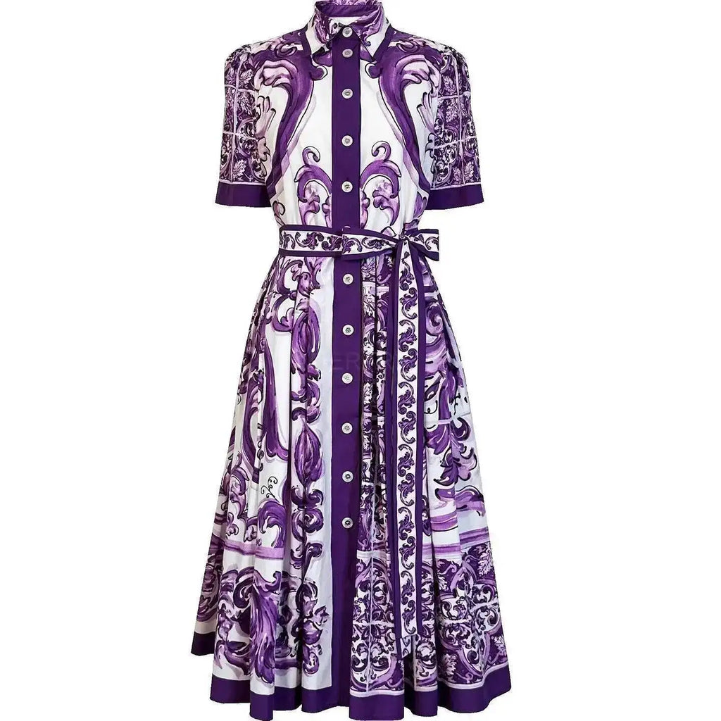 Fashion Summer Floral Long Dress Women Purple Porcelain Print Midi Dresses Shirt Single Breasted Office Lady Work Holiday Runway