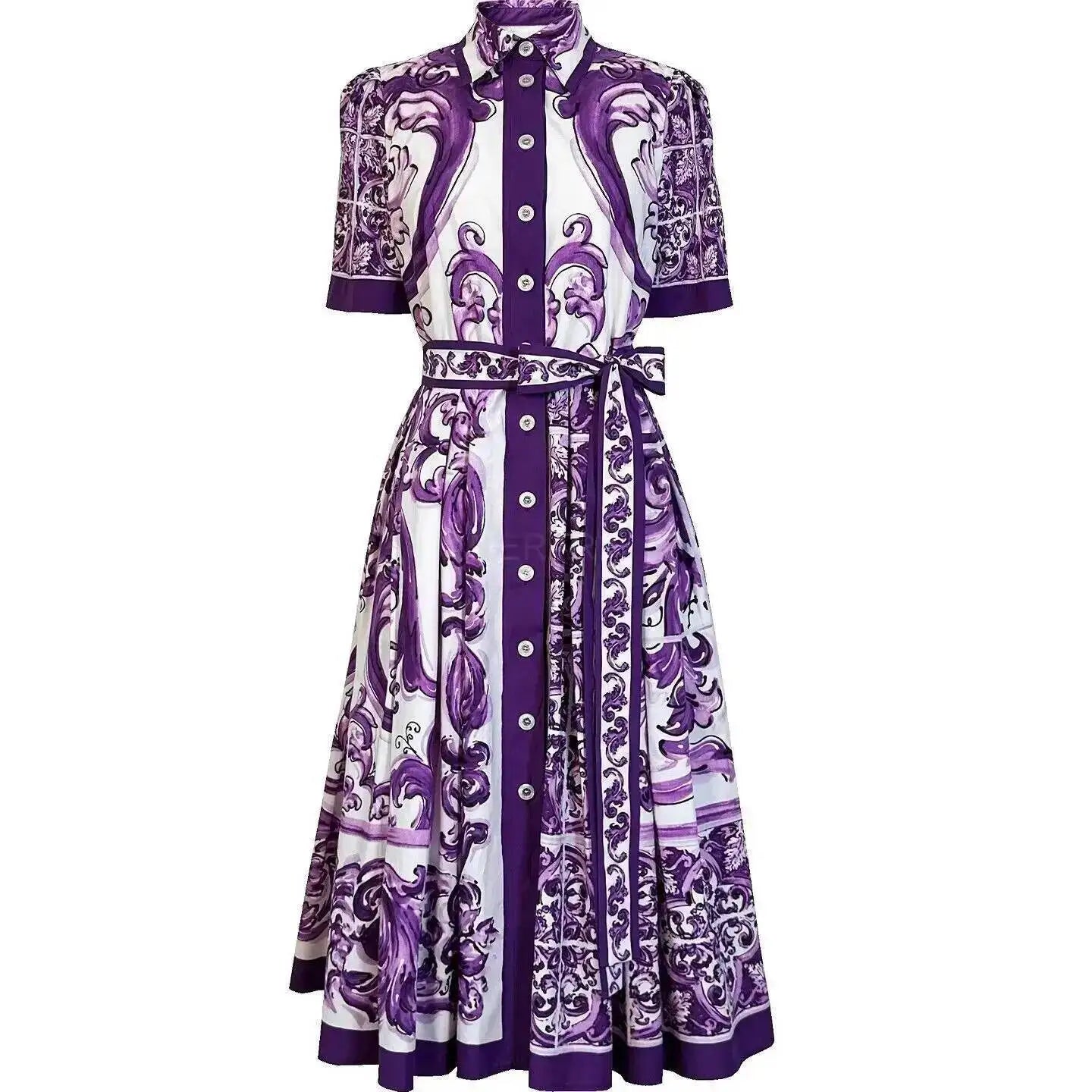 Fashion Summer Floral Long Dress Women Purple Porcelain Print Midi Dresses Shirt Single Breasted Office Lady Work Holiday Runway