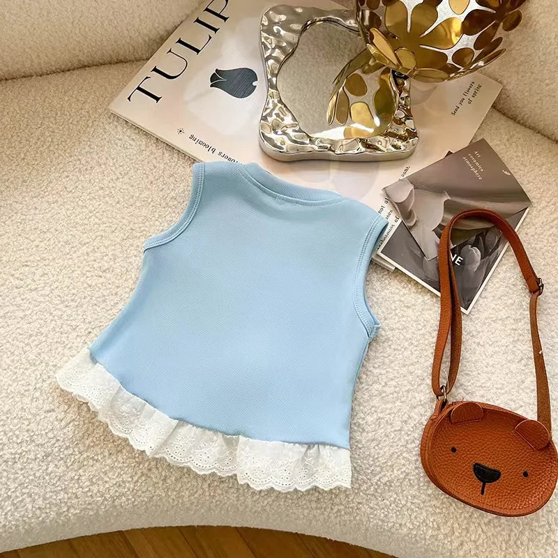 Girls Sleeveless T-shirt Fashion Comfortable Top Children Kids Clothing Bow Summer Vest Clothing