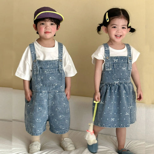 2026 Summer New Children Denim Overalls Boys Strap Jeans Girls Jeans Sling Dress Cute Kids Brother Sister Outfits Baby Clothes