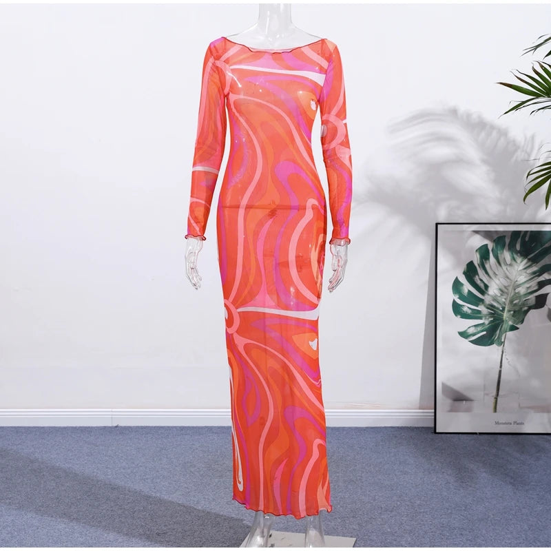 2025 New Fashion Print Beach Long Dress Summer Women Spaghetti Strap Dress Long Sleeve O-Neck Dresses Summer New Lady Robes