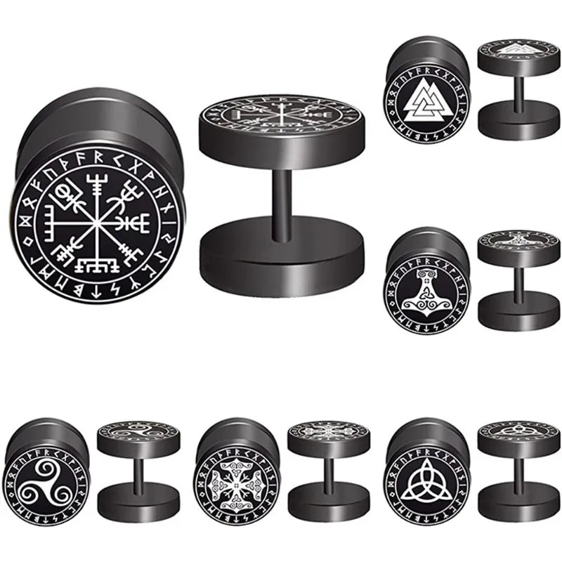 1Pair 18G Viking Rune Round Stud Earrings for Men Women, 316L Stainless Steel Cartilage Tragus Helix Earring Piercing Jewelry