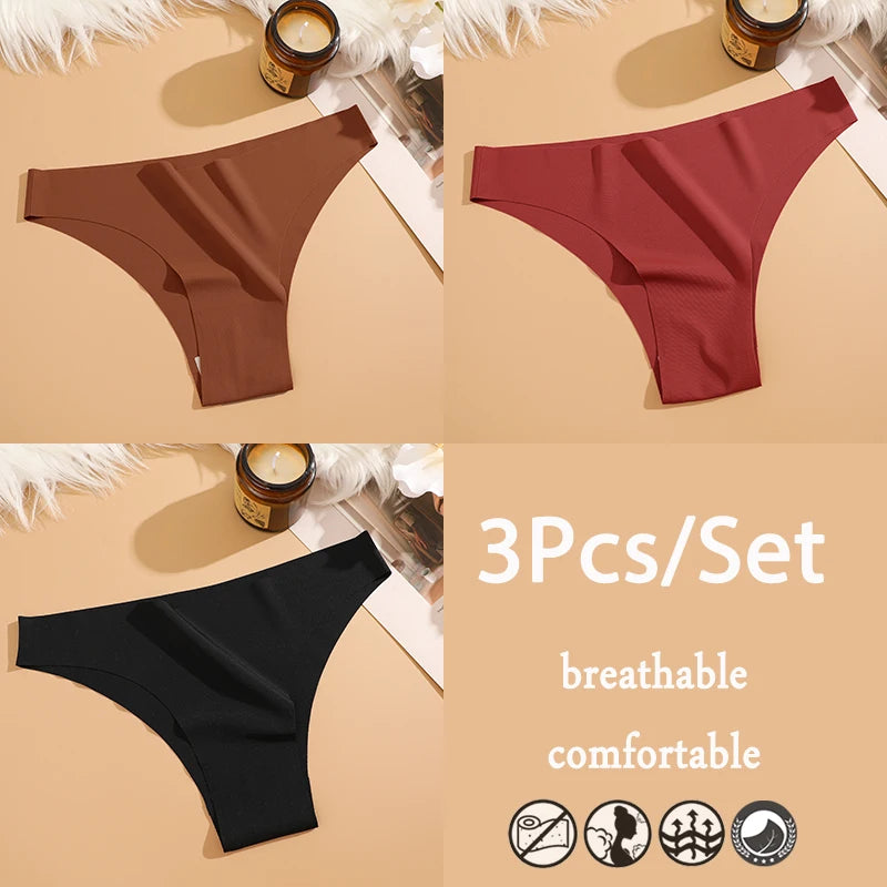 3Pcs/Set Ice Silk Seamless Underwear For Women Low Waisted Brazilian Pants Breathable High Elasticity Lingerie Intimates Panties