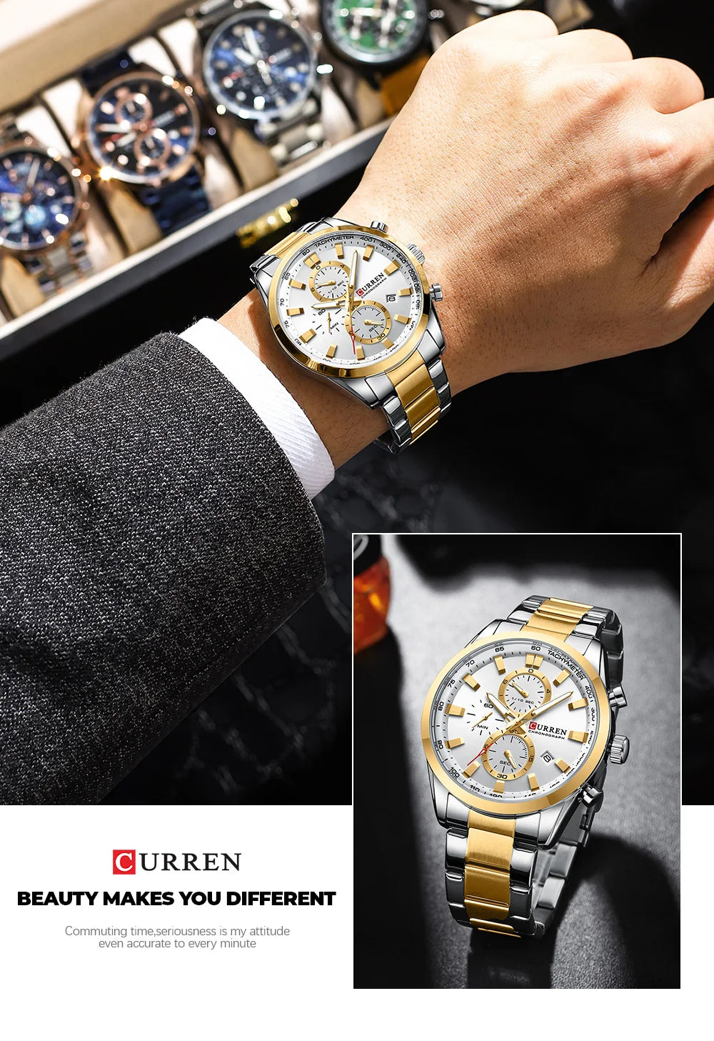 CURREN Casual Sporty Brand Stainless Steel Band Wristwatches for Men  Chronograph Quartz Watches with Date New 8445