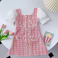 2-7 Years Children Summer Fashion Pearl Button Decoration Puff Sleeve Square Collar Princess Dress1 Pc Girls Party Sweet Clothes