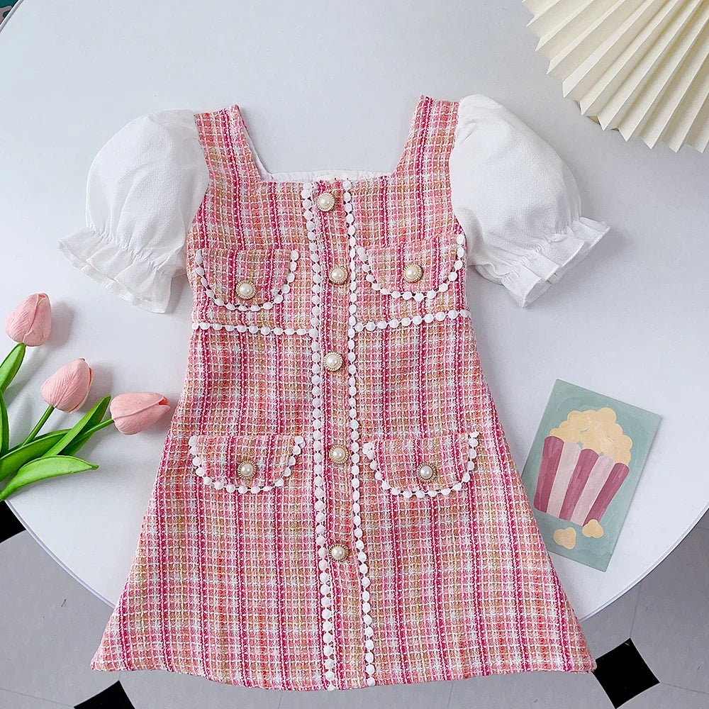 2-7 Years Children Summer Fashion Pearl Button Decoration Puff Sleeve Square Collar Princess Dress1 Pc Girls Party Sweet Clothes
