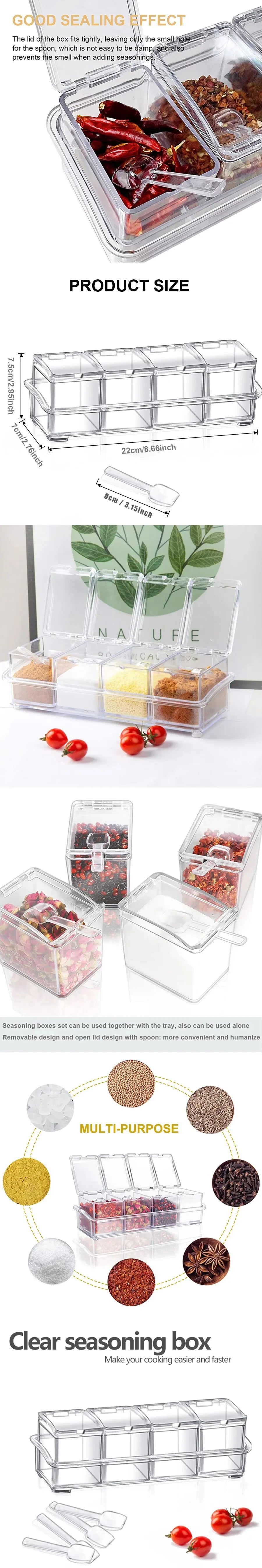 4 Pieces Kitchen Clear Seasoning Box Storage Container Condiment Jars Acrylic Seasoning Box with Cover and Spoon