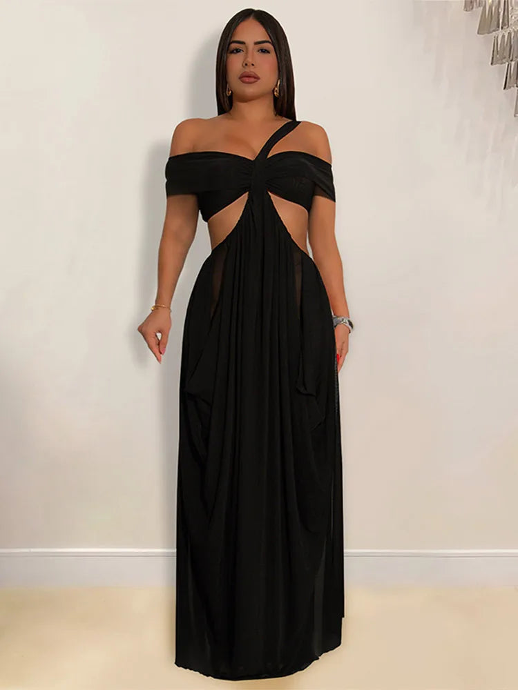Sexy Beach Long Dress Women Hollow Out Backless Fold A Line Vestidos Female 2025 Summer Fashion Chic Solid High Waist Dresses