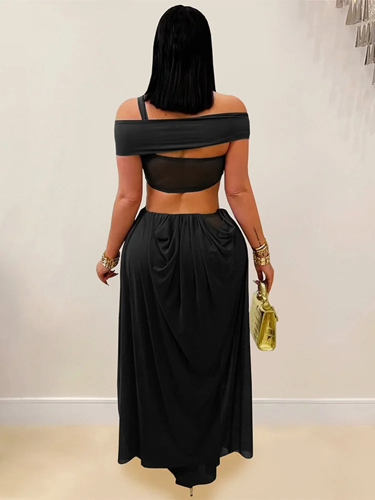 Sexy Beach Long Dress Women Hollow Out Backless Fold A Line Vestidos Female 2025 Summer Fashion Chic Solid High Waist Dresses