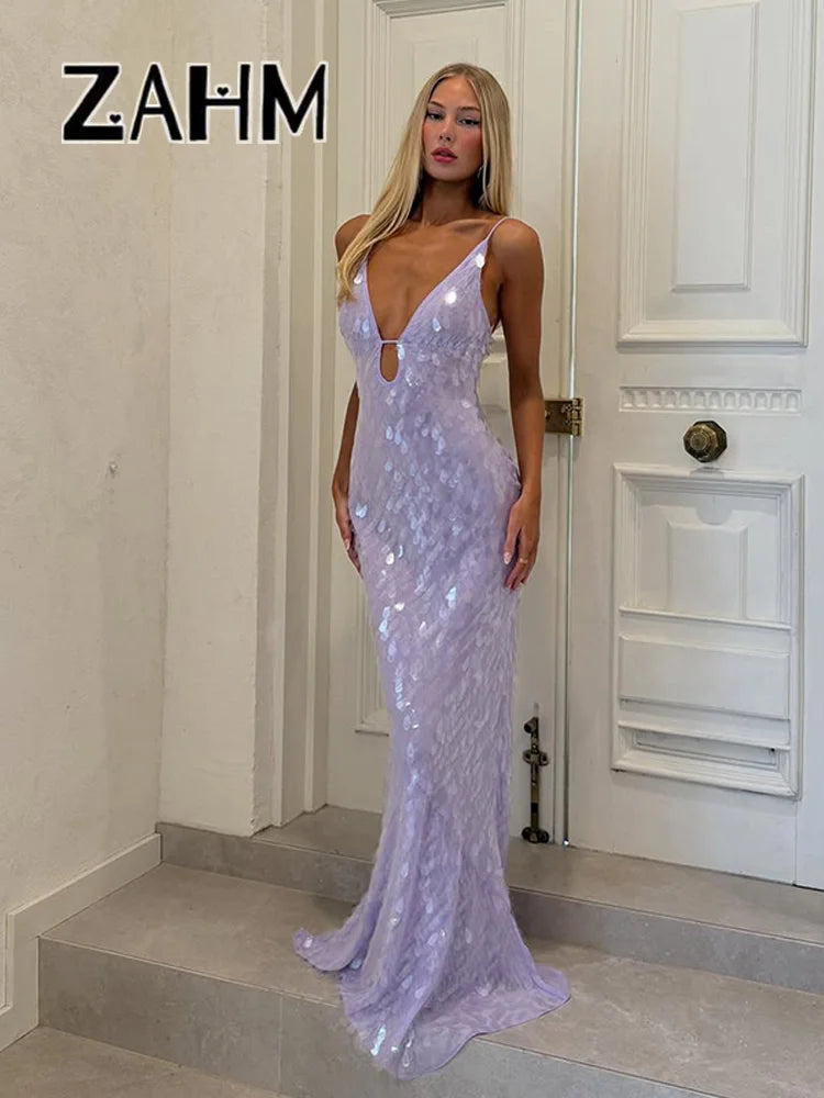 Sexy Sequined Women's Dress Hollow Out Backless V-Neck Slip Top Lady Long Dresses 2026 Spring Summer Female Holiday Robe New