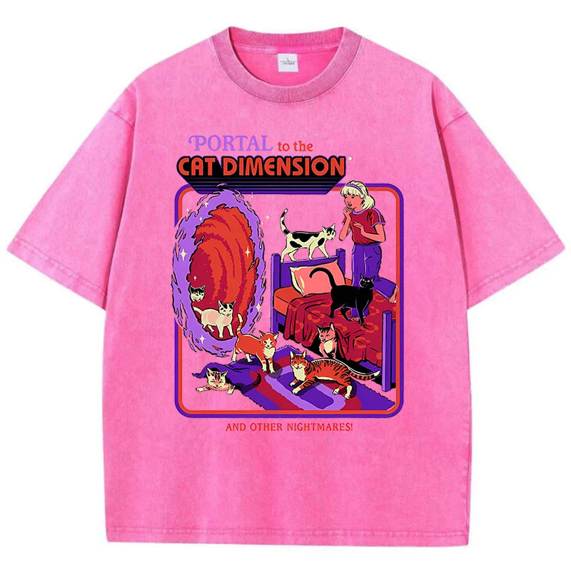 Portal To The Cat Dimension Washed Retro Men Clothes Fashion Summer T-Shirts Streetwear Cotton Loose Tops Breathable Tee Couple