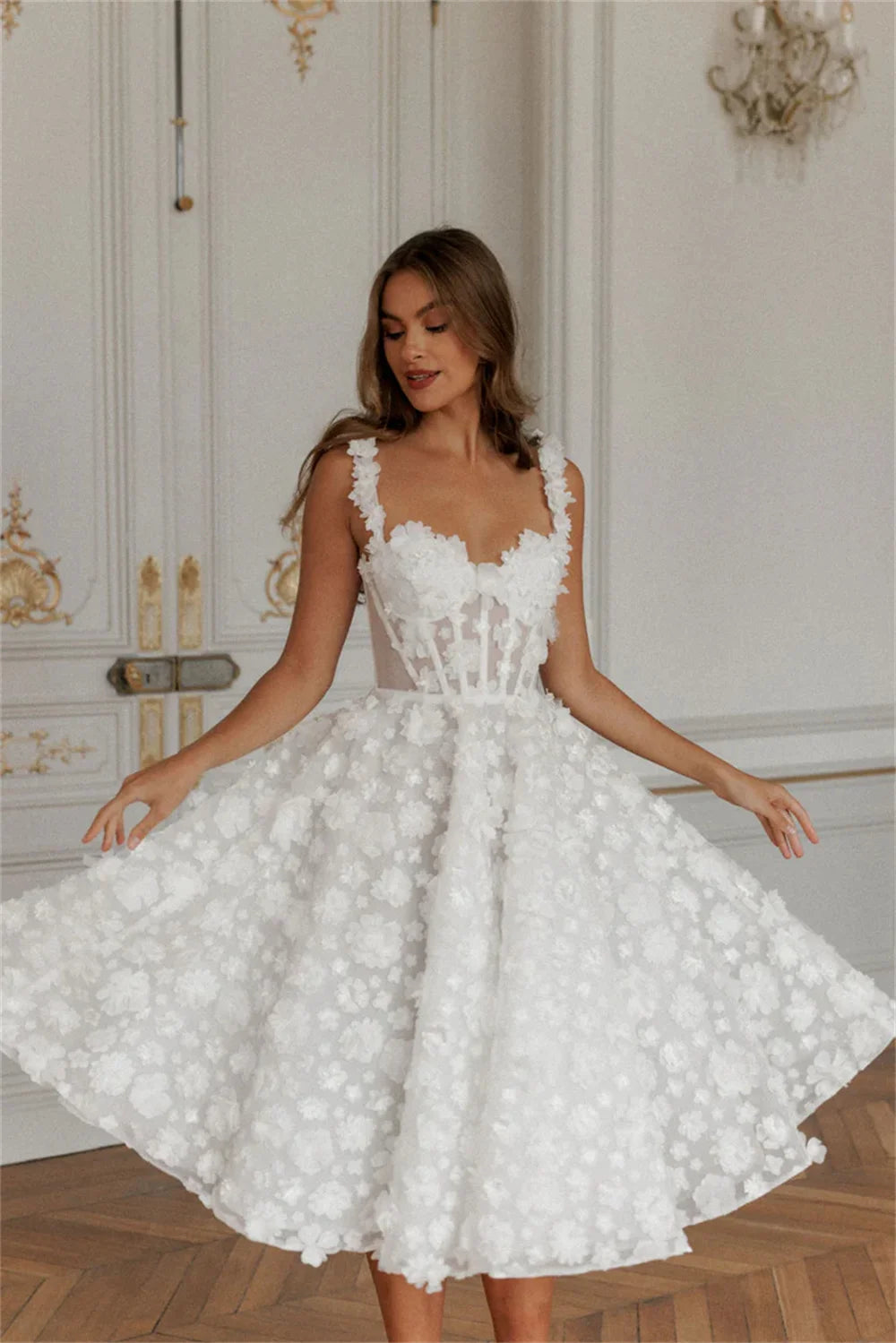 Amanda Lace Spaghetti Strap A-Line robes de soirée V Neck Knee-Length Evening Dresses Applique Valentines Day Wedding Dress