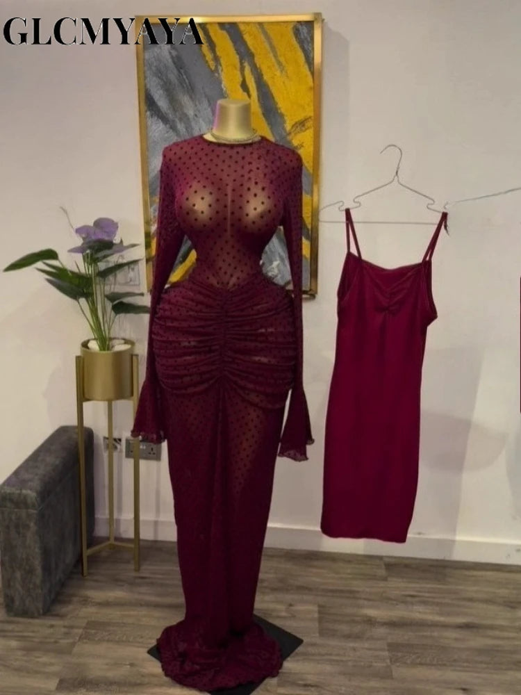 CM.YAYA Women Flare Long Sleeve Stacked Dot Mesh See Though with Lining Maxi Long Dress 2025 Evening Birthday Sexy Party Dresses