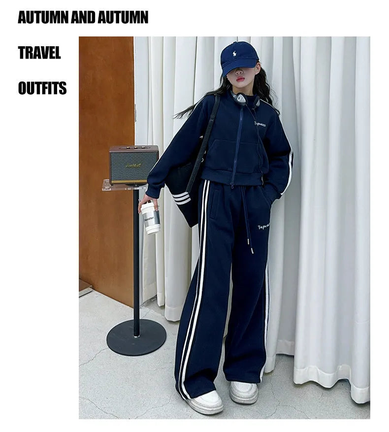 2026 autumn girls Clothes Children Suit Teenager zipped jacket Narrow crop top + wide leg high waist pants 4 5 8 10 11 12 year
