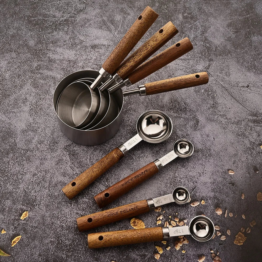 1/4/8pcs Stainless Steel Measuring Spoons With Scale Wooden Handle Household Kitchen Dining Bar Baking Tools Measuring Cups
