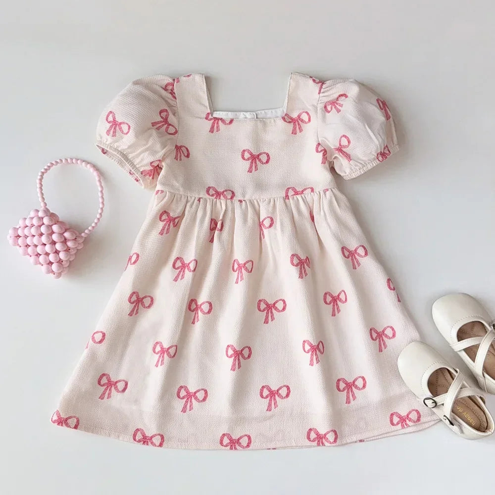 Flower Girl Dresses Summer Casual Children's Clothing for 3-7 Years Old Wearing Short Sleeved Square Neck Cute kids Clothes
