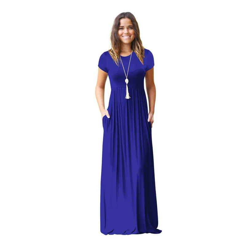 Women Summer Dress Casual Solid Color O Neck Loose Short Sleeve Pocket floor-length Long Woman Maxi Dresses Vestidos SLBZ352