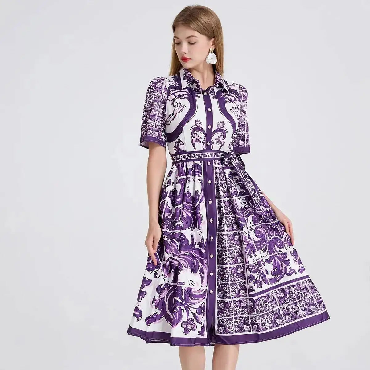 Fashion Summer Floral Long Dress Women Purple Porcelain Print Midi Dresses Shirt Single Breasted Office Lady Work Holiday Runway