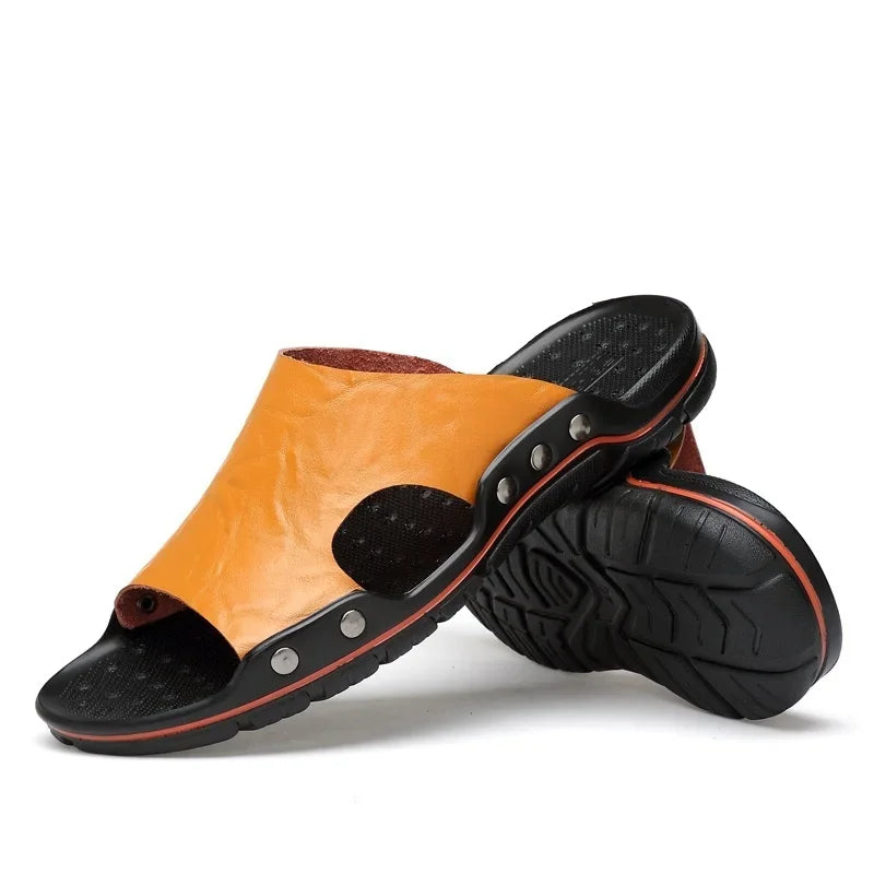 New Summer Slippers Men Sandals Soft Outdoor Slides High Quality Genuine Leather Comfortable Beach Sandals Outdoor Men Shoes