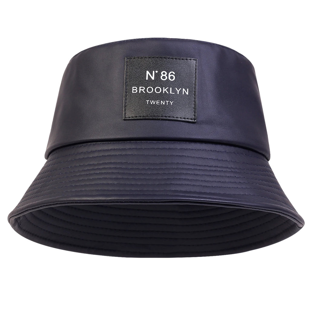 Unisex N86 Label Personality Pu Leather Bucket Hats Fishermen Caps Outdoor Casual Cap Sunscreen Hat