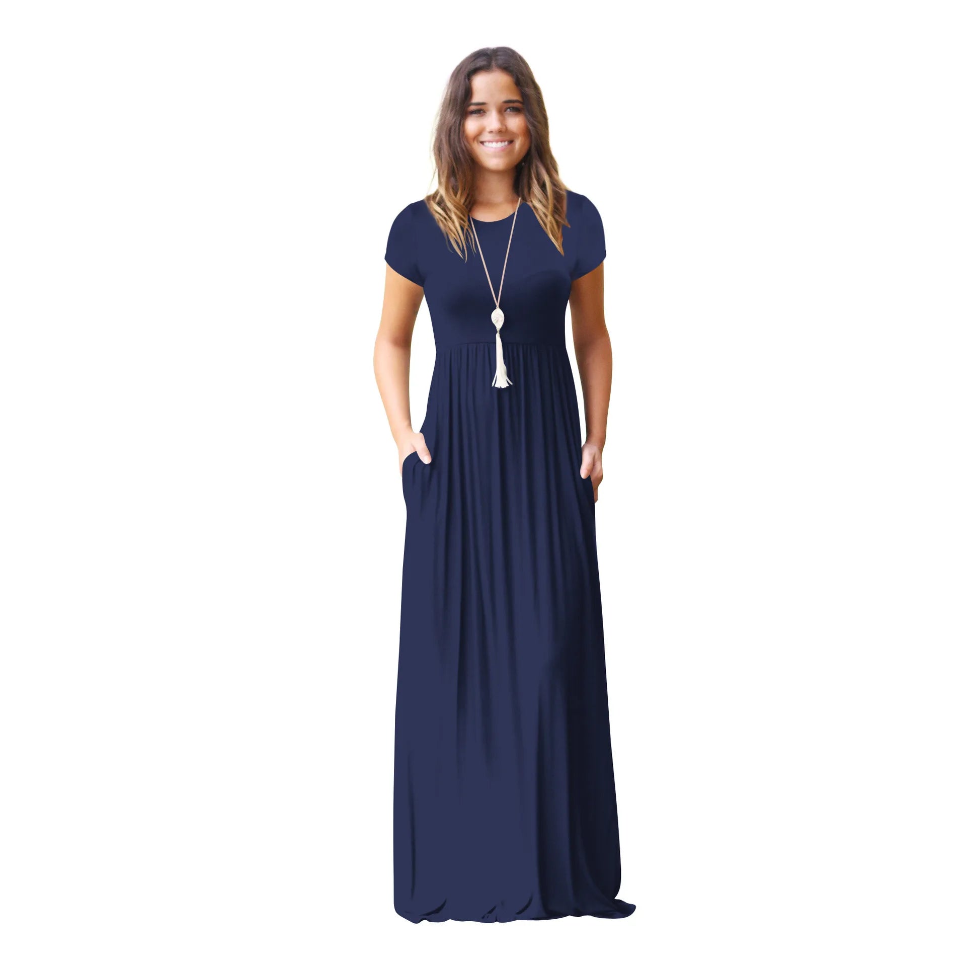 Women Summer Dress Casual Solid Color O Neck Loose Short Sleeve Pocket floor-length Long Woman Maxi Dresses Vestidos SLBZ352