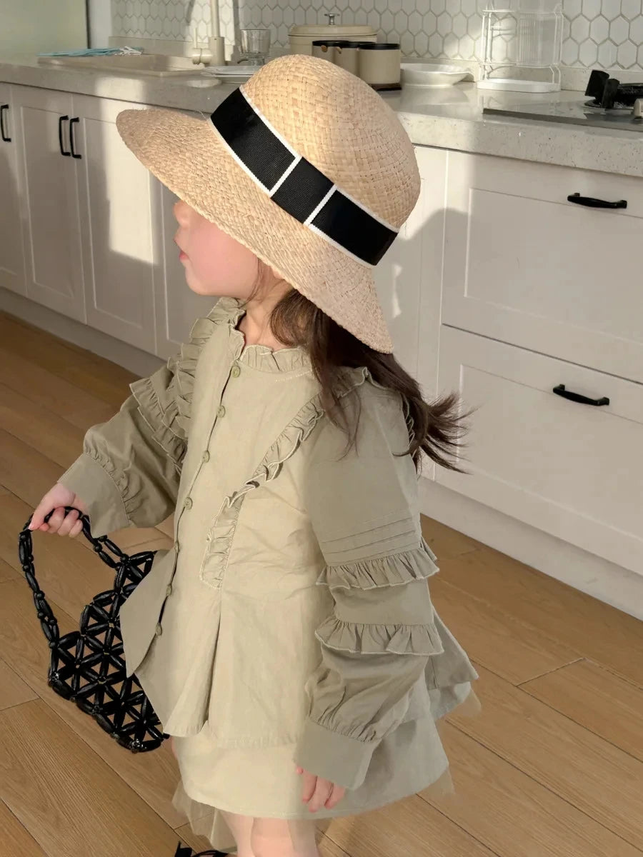 Children Clothing 2024 Spring New Retro Korean Style Shirt Set Girls Small Stand Collar Lace Shirt Culottes Sweet Two-piece Set