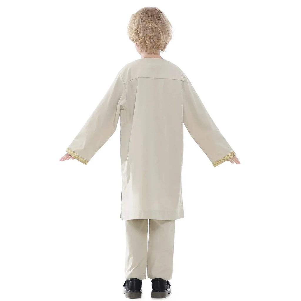Muslim Children Robe 2 Pieces Set Kids Boy Round Neck Long Sleeve Printed Dress Shirt Abaya Kaftan Jubba Thobe Islamic Clothing