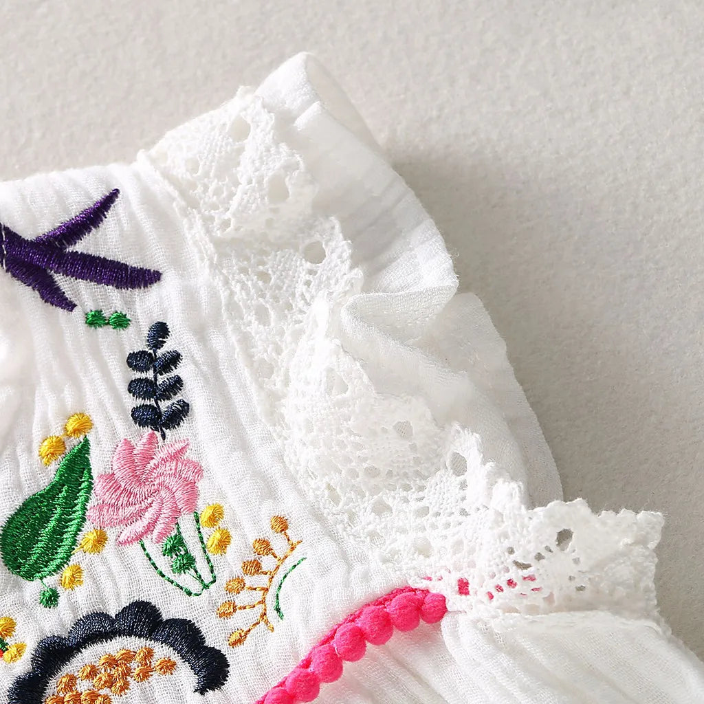 Infant Baby Girls Cotton Linen Dresses Pleated Short Sleeve Delicate Embroidery Swing White Dress Summer Leisure Dress