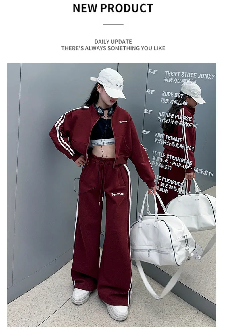 2026 autumn girls Clothes Children Suit Teenager zipped jacket Narrow crop top + wide leg high waist pants 4 5 8 10 11 12 year