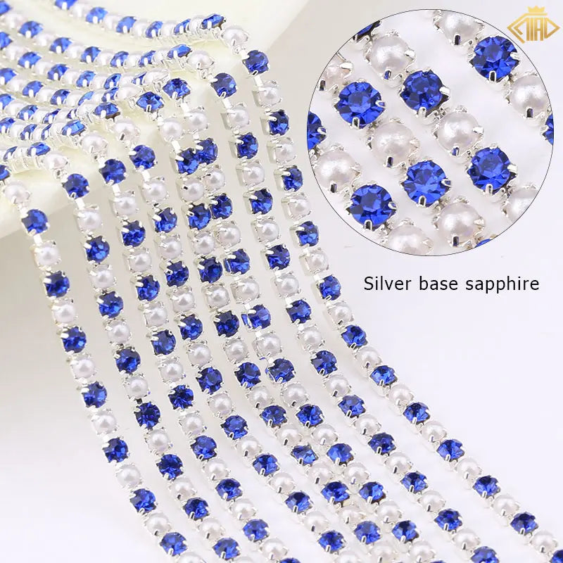 2Yards Pearl Rhinestones Copper Chain Silver/Gold Base Crystal Strass Gems Trim For DIY Sewing Clothes Dresses Accessories