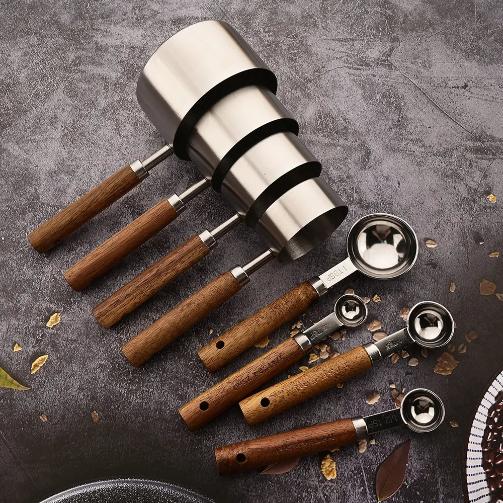 1/4/8pcs Stainless Steel Measuring Spoons With Scale Wooden Handle Household Kitchen Dining Bar Baking Tools Measuring Cups