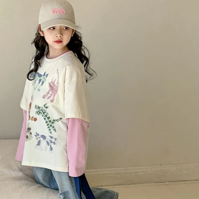 Fake Two Piece Outdoor Clothes for Children Girl From 5 6 Years Kids Girls 8 10 Children's Clothing 7 12 T-shirts Shirt Fashion
