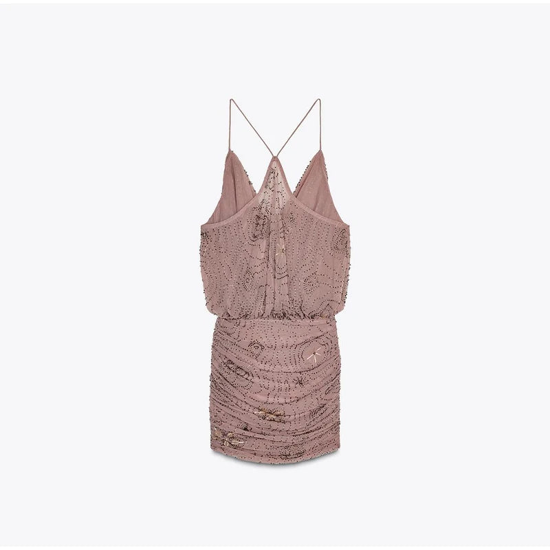 Sexy Beading Sequined Sling Long Dress Women Loose Solid V-neck Sleeveless Ruffled Shiny Dresses 2025 Summer Lady Evening Robes
