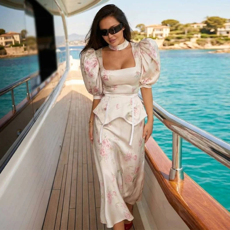 Women Dress Floral Print Satin Choker Neck Puff Sleeve Peplum Waist Maxi Dresses Elegant Vintage Beach Party Bodycon For Ladies